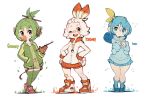  3girls ;d animal_ears bangs blue_hair blush breasts chewing_gum closed_mouth commentary creatures_(company) english_commentary fire flat_chest full_body game_freak gen_8_pokemon glasses grass green_hair green_legwear grookey hair_ribbon hands_on_hips happy jacket knees_together long_hair looking_at_viewer multiple_girls nintendo one_eye_closed open_mouth parororo personification pokemon pokemon_ears rabbit_ears ribbon scorbunny shoes short_hair small_breasts smile sobble standing thigh-highs water white_hair white_jacket 
