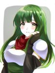  1girl aone_hiiro black_gloves blush breastplate elbow_gloves fingerless_gloves fire_emblem fire_emblem:_mystery_of_the_emblem gloves green_hair headband long_hair nintendo paola parted_lips simple_background solo upper_body white_headband yellow_eyes 