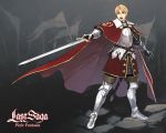  1boy :o armor banner belt blonde_hair cape chainmail copyright_name full_body gauntlets gold_trim green_eyes grey_background highres holding holding_sword holding_weapon laurel_knight_sylvester looking_at_viewer male_focus pixiv_fantasia pixiv_fantasia_last_saga red_cape sankyou sheath solo standing sword weapon 