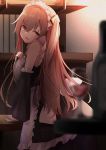  1girl alternate_costume apron bangs blurry blurry_foreground blush bottle brown_eyes brown_hair cup depth_of_field detached_sleeves dress enmaided eyebrows_visible_through_hair frills girls_frontline hair_between_eyes highres holding holding_tray indoors knoy3356 light_particles long_hair looking_at_viewer looking_back maid maid_apron maid_headdress one_side_up open_mouth scar scar_across_eye smile solo sunset table tray ump45_(girls_frontline) 