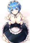  1girl apron artist_name ayamy bangs bare_arms bare_shoulders black_dress black_ribbon blue_eyes blue_hair blush breasts cleavage closed_mouth commentary_request detached_collar dress from_above hair_between_eyes hair_ornament hands_up headdress highres kneeling large_breasts looking_at_viewer looking_up maid maid_apron re:zero_kara_hajimeru_isekai_seikatsu rem_(re:zero) ribbon short_hair sidelocks smile solo strap_pull underbust waist_apron x_hair_ornament 