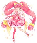  1girl absurdly_long_hair ahoge cure_star earrings floating_hair full_body grin hair_ornament holding holding_hair hoshina_hikaru jewelry kashitani_futaba layered_skirt long_hair looking_at_viewer miniskirt one_eye_closed pink_eyes pink_hair pink_skirt precure red_legwear shoulder_cutout simple_background single_thighhigh skirt smile solo star_twinkle_precure thigh-highs v_over_eye very_long_hair white_background wrist_cuffs 