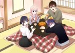  2boys 2girls bangs black_hair blonde_hair blue_eyes blush brown_hair closed_eyes food food_on_head fruit fruit_on_head koi_to_uso kotatsu long_hair mesubarutan multiple_boys multiple_girls nejima_yukari nisaka_yuusuke object_on_head open_mouth sanada_ririna skirt table takasaki_misaki_(koi_to_uso) twintails 