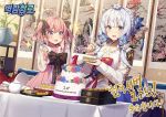  2girls ahoge alternate_costume azur_lane blue_eyes blush cake candle commentary_request flower food food_in_mouth fork hair_flower hair_ornament hair_ribbon illustrious_(azur_lane) korean_clothes korean_text looking_at_viewer low_twintails medium_hair multiple_girls official_art pink_hair plate pot ribbon saratoga_(azur_lane) short_hair silver_hair sparkle sparkling_eyes table tea twintails violet_eyes 