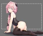  1boy absurdres all_fours ass astolfo_(fate) bangs bare_arms bare_shoulders black_bow black_ribbon black_shirt bow braid brown_legwear closed_mouth commentary eyebrows_visible_through_hair fang fate/apocrypha fate_(series) from_side full_body grey_background hair_between_eyes hair_bow hair_intakes hair_over_shoulder hair_ribbon half-closed_eyes head_tilt highres jtleeklm long_hair looking_at_viewer looking_to_the_side male_focus multicolored_hair pink_eyes pink_hair ribbon shirt signature simple_background single_braid sleeveless sleeveless_shirt smile smug solo streaked_hair thigh-highs trap white_hair 