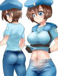  1girl ass blue_eyes blush brown_hair gloves gun hat jill_valentine nagare navel pants police resident_evil resident_evil_1 short_hair simple_background solo weapon white_background 