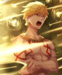  1boy blonde_hair cropped_arms earrings fate/stay_night fate_(series) gate_of_babylon gilgamesh hair_between_eyes herigaru_(fvgyvr000) highres jewelry male_focus necklace open_mouth red_eyes short_hair solo sword upper_body weapon 