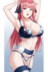  1girl absurdres armpits arms_up aslindsamure bangs blue_eyes blunt_bangs bra breasts cleavage garter_belt garter_straps go-toubun_no_hanayome hair_ornament hair_ribbon highres large_breasts lingerie long_hair nakano_nino navel open_mouth paid_reward patreon_reward pink_hair ribbon solo stomach thigh-highs thighs underwear 