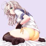  1girl ahoge ass black_legwear blonde_hair blush butt_crack character_request dd_(ijigendd) green_eyes highres kantai_collection long_hair looking_at_viewer panties purple_background school_uniform serafuku side-tie_panties sitting smile thighs underwear wariza yellow_panties 