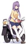  1girl blue_skirt clannad commentary_request fujibayashi_kyou full_body ground_vehicle hair_ribbon headwear_removed helmet helmet_removed hikarizaka_private_high_school_uniform long_hair looking_at_viewer motor_vehicle purple_hair red_helmet ribbon sailor_collar school_uniform scooter shiseki_hirame simple_background skirt smile solo thigh-highs violet_eyes white_background white_legwear white_sailor_collar 