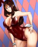 1girl absurdres animal_ears argyle argyle_background bangs bare_shoulders blue_eyes breasts brown_hair bunny_tail cleavage closed_mouth covered_navel fate/grand_order fate_(series) forehead hair_between_eyes hand_on_hip highleg highleg_leotard highres hip_focus kisaragi_(legobionicle23) large_breasts leonardo_da_vinci_(fate/grand_order) leotard long_hair looking_at_viewer parted_bangs rabbit_ears red_leotard smile solo stripper_pole tail thighs wrist_cuffs 