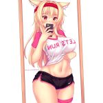  1girl animal_ear_fluff animal_ears bangs blonde_hair blush breasts cat_ears cellphone cellphone_camera commentary cowboy_shot curvy english_commentary eyebrows_visible_through_hair facing_viewer fast-runner-2024 hair_between_eyes headband highres large_breasts long_hair midriff mirror navel original patreon_username phone red_eyes reflection self_shot shiny shiny_skin shirt shirt_lift short_shorts shorts slit_pupils smartphone solo standing striped striped_legwear sweatband t-shirt thick_thighs thigh-highs thighs tiffy watermark web_address white_background wide_hips 