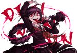  1girl black_hair braid dangan_ronpa dangan_ronpa_1 genocider_shou glasses holding holding_scissors kurokku-tokei long_hair looking_at_viewer mole mole_under_mouth pink_blood red_eyes school_uniform scissors serafuku skirt smile solo spoilers tongue tongue_out twin_braids 