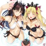  1girl 2girls armlet bangs bare_shoulders bikini black_bikini black_bikini_bottom black_hair black_ribbon blonde_hair blush breasts bridal_gauntlets cellphone cleavage closed_eyes detached_collar earrings ereshkigal_(fate/grand_order) fate/grand_order fate_(series) grin hair_ribbon halterneck highleg highleg_bikini hoop_earrings ishtar_(fate/grand_order) jewelry long_hair multiple_girls navel neck_ring okitakung one_eye_closed open_mouth parted_bangs phone red_ribbon ribbon self_shot skull smile swimsuit thighs tiara two_side_up wading water white_bikini_top 
