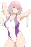  1girl armpits arms_up bangs bare_shoulders breasts cleavage closed_mouth covered_navel highres hip_focus large_breasts lavender_hair looking_at_viewer nekoshoko one-piece_swimsuit purple_swimsuit red_eyes shinjou_akane short_hair simple_background solo ssss.gridman swimsuit thighs towel two-tone_swimsuit white_background white_swimsuit 