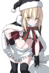  1girl apron artoria_pendragon_(all) artoria_pendragon_(swimsuit_rider_alter) bangs black_legwear blonde_hair breasts cape closed_mouth commentary_request eyebrows_visible_through_hair fate/grand_order fate_(series) frilled_apron frilled_bikini_top frills fur_trim gloves hat legs looking_at_viewer maid_apron maid_bikini ribbon santa_alter santa_costume santa_hat shiseki_hirame simple_background small_breasts smile solo thigh-highs thighs white_background yellow_eyes 