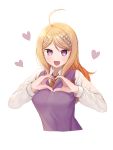  1girl :d ahoge akamatsu_kaede blonde_hair breasts dangan_ronpa dot_nose eighth_note eyebrows_visible_through_hair finger_heart hair_ornament heart long_hair looking_at_viewer musical_note musical_note_hair_ornament necktie new_dangan_ronpa_v3 open_mouth orange_neckwear pink_heart pink_sweater_vest school_uniform shirt simple_background smile solo ssumbi sweater_vest upper_body violet_eyes white_background white_shirt 
