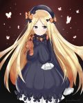  abigail_williams_(fate/grand_order) bangs black_dress black_headwear blonde_hair blue_eyes bow bug butterfly conchiem69 dress fate/grand_order fate_(series) forehead hair_bow highres holding holding_stuffed_animal insect loli long_hair object_hug orange_bow parted_bangs polka_dot polka_dot_bow purple_bow sleeves_past_fingers sleeves_past_wrists stuffed_animal stuffed_toy teddy_bear very_long_hair white_bloomers white_skin 