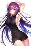1girl armpits arms_behind_head arms_up backless_dress backless_outfit bangs bare_shoulders black_sweater blush breasts dress fate/grand_order fate_(series) feet_out_of_frame hair_between_eyes hair_intakes hanasaki_mahiru large_breasts legs legs_together long_hair looking_at_viewer meme_attire naked_sweater no_bra parted_lips purple_hair red_eyes ribbed_sweater scathach_(fate)_(all) scathach_(fate/grand_order) shiny shiny_hair sideboob sidelocks simple_background smile solo sweater sweater_dress thighs turtleneck turtleneck_sweater type-moon virgin_killer_sweater white_background