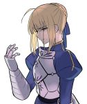  1girl ahoge armor armored_dress armored_gloves artoria_pendragon_(all) bangs blonde_hair blue_ribbon braid breasts closed_mouth crying eyebrows_visible_through_hair fate/stay_night fate_(series) french_braid gauntlets green_eyes hair_bun hair_ribbon highres lq_saku medium_breasts ribbon saber simple_background solo tears upper_body white_background 