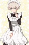  1girl absurdres alternate_costume apron aqua_eyes bangs black_dress blush closed_mouth commission dress enmaided eyebrows_visible_through_hair grey_hair hair_between_eyes highres kanmiya_shinobu kantai_collection long_sleeves looking_at_viewer maid maid_headdress short_hair simple_background skeb_commission solo white_apron z1_leberecht_maass_(kancolle) 