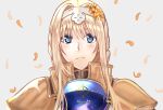  1girl alice_schuberg blonde_hair blue_eyes blurry blurry_background bracelet flower frown grey_background hair_flower hair_ornament hairband jewelry long_hair looking_at_viewer orange_flower petals portrait riko201008 shoulder_armor solo spaulders sword_art_online white_hairband 