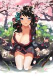  1girl :d absurdres animal_ears azur_lane bangs black_hair black_kimono blue_eyes blush breasts butterfly_hair_ornament cat_ears cleavage day eyebrows_visible_through_hair fusou_(azur_lane) hair_ornament highres japanese_clothes kimono large_breasts long_hair looking_at_viewer open_mouth outdoors red_eyes sanba_tsui short_hair sidelocks skindentation smile soaking_feet white_legwear 