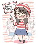  1girl :d ^_^ akb48 bangs black_hair black_legwear blue_skirt blush chibi closed_eyes closed_eyes commentary_request cosplay glasses holding holding_sign katou_rena long_hair long_sleeves mole mole_under_mouth multiple_views open_mouth real_life round_eyewear shirt sign skirt smile standing striped striped_background striped_hat striped_shirt taneda_yuuta wally wally_(cosplay) where&#039;s_wally 