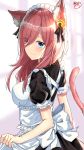  1girl alternate_costume animal_ear_fluff animal_ears apron bangs bell black_dress black_ribbon blue_eyes blush breasts cat_ears cat_girl cat_tail closed_mouth dress dress_lift enmaided eyebrows_visible_through_hair from_behind go-toubun_no_hanayome hair_bell hair_ornament hair_over_one_eye hairband highres large_breasts lifted_by_self looking_back maid maid_apron maid_dress maid_headdress nakano_miku noeru_(gt17854) puffy_short_sleeves puffy_sleeves ribbon short_sleeves sidelocks signature smile solo tail tareme white_apron 