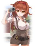  1girl alternate_costume belt black_belt blouse blush breasts brown_hair brown_shorts camera casual digital_camera eyebrows_visible_through_hair hair_flaps hairband high-waist_shorts holding holding_camera kantai_collection long_hair long_sleeves looking_at_viewer momin open_mouth orange_eyes outdoors red_hairband remodel_(kantai_collection) shiratsuyu_(kantai_collection) shorts sleeves_rolled_up smile solo suspenders whistle whistle_around_neck white_blouse 