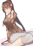  1girl blush breasts brown_eyes brown_hair brown_sweater casual closed_mouth collarbone flower hair_flower hair_intakes hair_ornament highres kantai_collection large_breasts long_hair looking_at_viewer pallad pants ponytail shiny shiny_hair sidelocks simple_background smile solo sweater twisted_torso two-tone_background very_long_hair white_background white_pants yamato_(kantai_collection) 