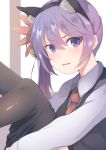  1girl absurdres akebono_(kantai_collection) alternate_costume animal_ear_fluff animal_ears bell black_hairband black_vest blush brown_legwear cat_ears collared_shirt commentary dyson_(edaokunnsaikouya) embarrassed fake_animal_ears flower frown grey_shirt hair_bell hair_flower hair_ornament hairband highres jingle_bell kantai_collection knee_up knees knees_up leg_up looking_at_viewer necktie pantyhose pantyhose_pull purple_hair revision shirt side_ponytail vest violet_eyes window 