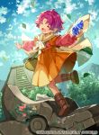  1girl blue_sky boots cape closed_eyes clouds company_name copyright_name day dress fa facial_mark fire_emblem fire_emblem:_fuuin_no_tsurugi fire_emblem_cipher forehead_mark holding leaf long_sleeves mamkute nintendo official_art open_mouth outdoors pointy_ears purple_hair short_hair sky solo stone tobi_(kotetsu) 