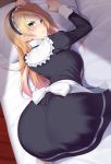  1girl apron ass bangs bed bed_sheet black_dress blonde_hair blush closed_mouth commentary_request dress frills frown glaring green_eyes hair_ornament huyumitsu indoors long_hair long_sleeves lying maid maid_apron maid_dress maid_headdress on_bed on_stomach original pantylines pillow scowl solo v-shaped_eyebrows white_apron 