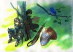  1boy 1girl absurdres armor bird brown_hair closed_eyes commentary english_commentary fantasy gauntlets highres holding map original pauldrons sawitou_mizuki scabbard sheath sheathed shield sitting sword tree tree_shade weapon 