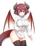 1girl black_legwear blush breasts commentary_request dot_nose dragon_girl dragon_horns dragon_tail dragon_wings eyebrows_visible_through_hair granblue_fantasy grea_(shingeki_no_bahamut) hair_between_eyes horns large_breasts long_sleeves looking_at_viewer manaria_friends osa_(osaosa) panties pointy_ears red_eyes shingeki_no_bahamut shirt short_hair simple_background solo tail thigh-highs torn_wings underwear white_background white_panties white_shirt wings 