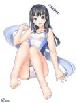  1girl absurdres alternate_costume artist_logo artist_name asashio_(kantai_collection) bare_legs black_hair blue_eyes blush breasts character_name collarbone competition_swimsuit eyebrows_visible_through_hair full_body hair_between_eyes highleg highres kantai_collection lips long_hair looking_at_viewer notchi one-piece_swimsuit open_mouth simple_background sitting small_breasts solo swimsuit tongue towel white_background white_swimsuit 