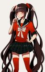  1girl alternate_hairstyle bangs black_hair black_skirt blunt_bangs bow collarbone commentary criis-chan dangan_ronpa eyebrows_visible_through_hair frown hair_ornament hand_on_hip harukawa_maki long_hair looking_at_viewer mole mole_under_eye new_dangan_ronpa_v3 plaid plaid_skirt pleated_skirt red_eyes red_legwear red_scrunchie red_shirt school_uniform scrunchie serafuku shirt simple_background skirt solo thigh-highs tumblr_username twintails v-shaped_eyebrows very_long_hair white_background 