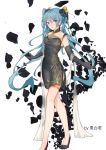  1girl absurdres black_dress black_flower black_footwear black_gloves black_rose blue_eyes blue_hair china_dress chinese_clothes collarbone dress elbow_gloves eyebrows_visible_through_hair floating_hair floral_print flower gloves hair_between_eyes hair_flower hair_ornament hatsune_miku highres long_hair looking_at_viewer open_mouth print_dress pumps rose sash side_slit simple_background sleeveless sleeveless_dress solo standing thighlet transparent very_long_hair vocaloid white_background xasyyy 