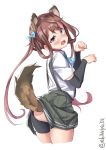  1girl asagumo_(kantai_collection) ascot bike_shorts black_legwear blush brown_hair dog_tail ebifurya eyebrows_visible_through_hair grey_eyes hair_between_eyes hair_flaps hair_ribbon highres kantai_collection long_hair looking_at_viewer open_mouth paw_pose pleated_skirt ribbon shirt simple_background skirt solo suspenders tail twintails white_background white_shirt 