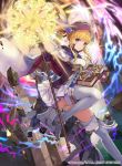  1girl blonde_hair book boots clarine closed_mouth company_name copyright_name fire_emblem fire_emblem:_fuuin_no_tsurugi fire_emblem_cipher gloves hat high_heels holding holding_book holding_staff horse kurosawa_tetsu magic_circle nintendo official_art purple_gloves purple_headwear rock skirt smile solo staff thigh-highs thigh_boots violet_eyes 