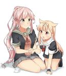  2girls all_fours black_gloves black_jacket black_ribbon black_serafuku blonde_hair brown_eyes commentary_request fingerless_gloves full_body gloves gradient_hair grey_sailor_collar grey_skirt hair_flaps hair_ornament hair_ribbon hairclip highres jacket kantai_collection long_hair multicolored_hair multiple_girls neck_ribbon neckerchief pink_hair pleated_skirt ponytail red_eyes red_neckwear red_ribbon remodel_(kantai_collection) ribbon rikkii_(likito_yuzu_is) sailor_collar scarf school_uniform seiza serafuku short_sleeves side_ponytail simple_background sitting skirt straight_hair very_long_hair white_background white_scarf yura_(kantai_collection) yuudachi_(kantai_collection) 