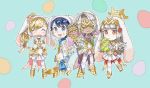  2boys 2girls alfonse_(fire_emblem) animal_ears blonde_hair blue_eyes blue_hair brother_and_sister chibi closed_eyes closed_mouth dark_skin dark_skinned_male dress earmuffs easter_egg egg fake_animal_ears fire_emblem fire_emblem_heroes flower gloves grey_hair hair_flower hair_ornament holding holding_spoon holding_staff long_hair long_sleeves mask multiple_boys multiple_girls mysterious_man_(fire_emblem) nintendo open_mouth rabbit_ears red_eyes sharena short_dress short_hair siblings spoon staff tnka_3 veronica_(fire_emblem) white_gloves white_legwear 