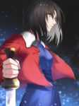  1girl black_hair blue_eyes blue_kimono fur-trimmed_jacket fur_trim hair_between_eyes herigaru_(fvgyvr000) highres holding holding_weapon jacket japanese_clothes kara_no_kyoukai kimono long_sleeves open_clothes open_jacket profile red_jacket ryougi_shiki short_hair solo standing weapon 