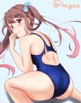  1girl absurdres aqua_background asagumo_(kantai_collection) ass blue_swimsuit brown_hair chiaki_(haigore) commentary_request competition_swimsuit embarrassed from_behind grey_eyes hair_ribbon highres kantai_collection long_hair looking_at_viewer looking_back one-piece_swimsuit ribbon simple_background sitting solo swimsuit twintails twitter_username wariza 
