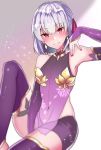  1girl abi_(abimel10) armpits bangs bare_shoulders between_legs blush breasts commentary_request detached_sleeves dress earrings eyebrows_visible_through_hair fate/grand_order fate_(series) hair_ribbon hand_between_legs jewelry kama_(fate/grand_order) looking_at_viewer nail_polish navel pink_nails purple_dress purple_legwear purple_sleeves red_eyes red_ribbon ribbon see-through short_hair sleeveless sleeveless_dress smile solo thigh-highs 