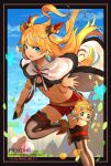  1boy 1girl :d ahoge artist_name black_bikini_top blonde_hair blue_eyes blue_sky breasts cape cleavage clouds dagger day dragalia_lost ezelith fang floating_hair fur_trim hair_ornament hentaki highres holding holding_dagger holding_weapon long_hair looking_at_viewer miniboy navel open_mouth red_shorts shoes short_shorts shorts sky small_breasts smile stomach striped striped_legwear thigh-highs two_side_up weapon white_cape white_footwear 