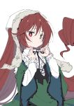  1girl brown_hair dress drill_hair frilled_dress frilled_sleeves frills green_dress green_eyes head_scarf heterochromia ixy long_hair long_sleeves looking_at_viewer neck_ribbon red_eyes ribbon rozen_maiden solo suiseiseki tying very_long_hair white_background 