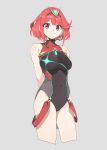  1girl bangs bare_arms black_swimsuit breasts competition_swimsuit covered_navel earrings gem highres pyra_(xenoblade) jewelry large_breasts looking_at_viewer machi_(wm) nintendo one-piece_swimsuit red_eyes redhead short_hair solo standing swimsuit tiara xenoblade_(series) xenoblade_2 