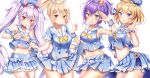 4girls :d :o absurdres anchor_print animal_ears aqua_eyes armpit_peek armpits ayanami_(azur_lane) azur_lane bangs bare_arms bare_shoulders beret blonde_hair blue_choker blue_headwear blue_shirt blue_shorts blue_skirt blush bow bowtie breasts bunny_tail buttons choker collarbone cowboy_shot crop_top crop_top_overhang crown detached_sleeves double-breasted feet_out_of_frame floating_hair frilled_cuffs frilled_sleeves frills hair_between_eyes hair_bow hair_ornament hair_ribbon hand_on_hip hand_up hands_up hat headgear heart heart_hands highres javelin_(azur_lane) laffey_(azur_lane) large_breasts lavender_hair layered_skirt long_hair looking_at_viewer medium_breasts midriff mini_crown miniskirt multiple_girls navel neck_ribbon open_mouth orange_bow orange_eyes parted_lips plaid plaid_bow pleated_skirt ponytail purple_hair rabbit_ears red_bow red_eyes ribbon sailor_collar school_uniform serafuku shirt short_hair short_shorts short_sleeves shorts shorts_under_skirt side-by-side sidelocks simple_background skirt skirt_lift sleeveless sleeveless_shirt small_breasts smile standing stomach tail thigh-highs thighs twintails very_long_hair violet_eyes wavy_hair white_background white_bow white_legwear white_sailor_collar wrist_cuffs x_hair_ornament yellow_neckwear yuano z23_(azur_lane) zettai_ryouiki 
